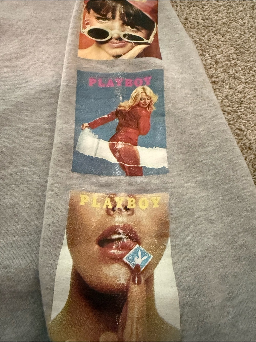 PLAYBOY Gray Sweatshirt Hoodie with Retro Photo Panel Prints